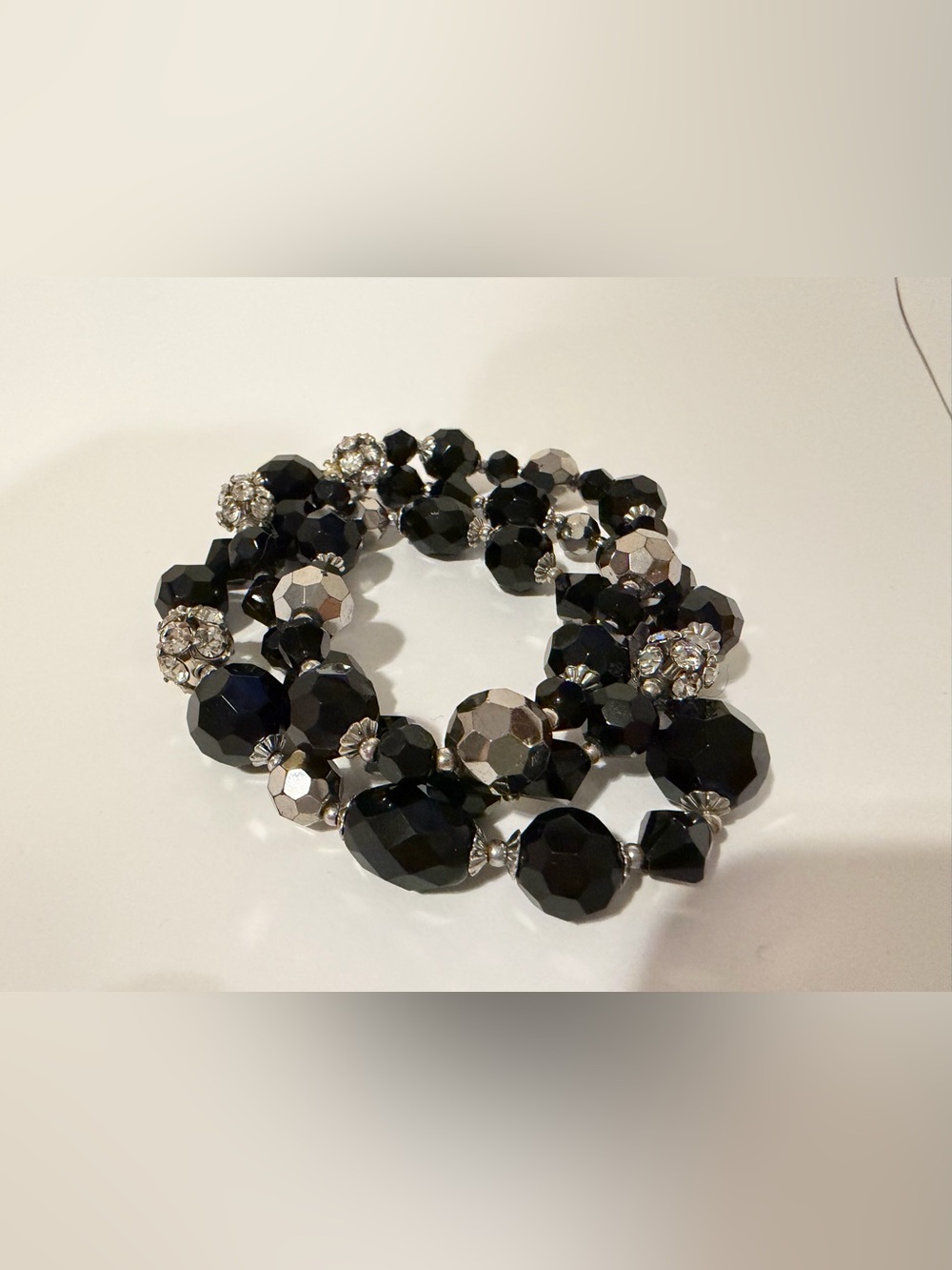 White House Black Market Black and Silver Faceted Bead Stretch Bracelet